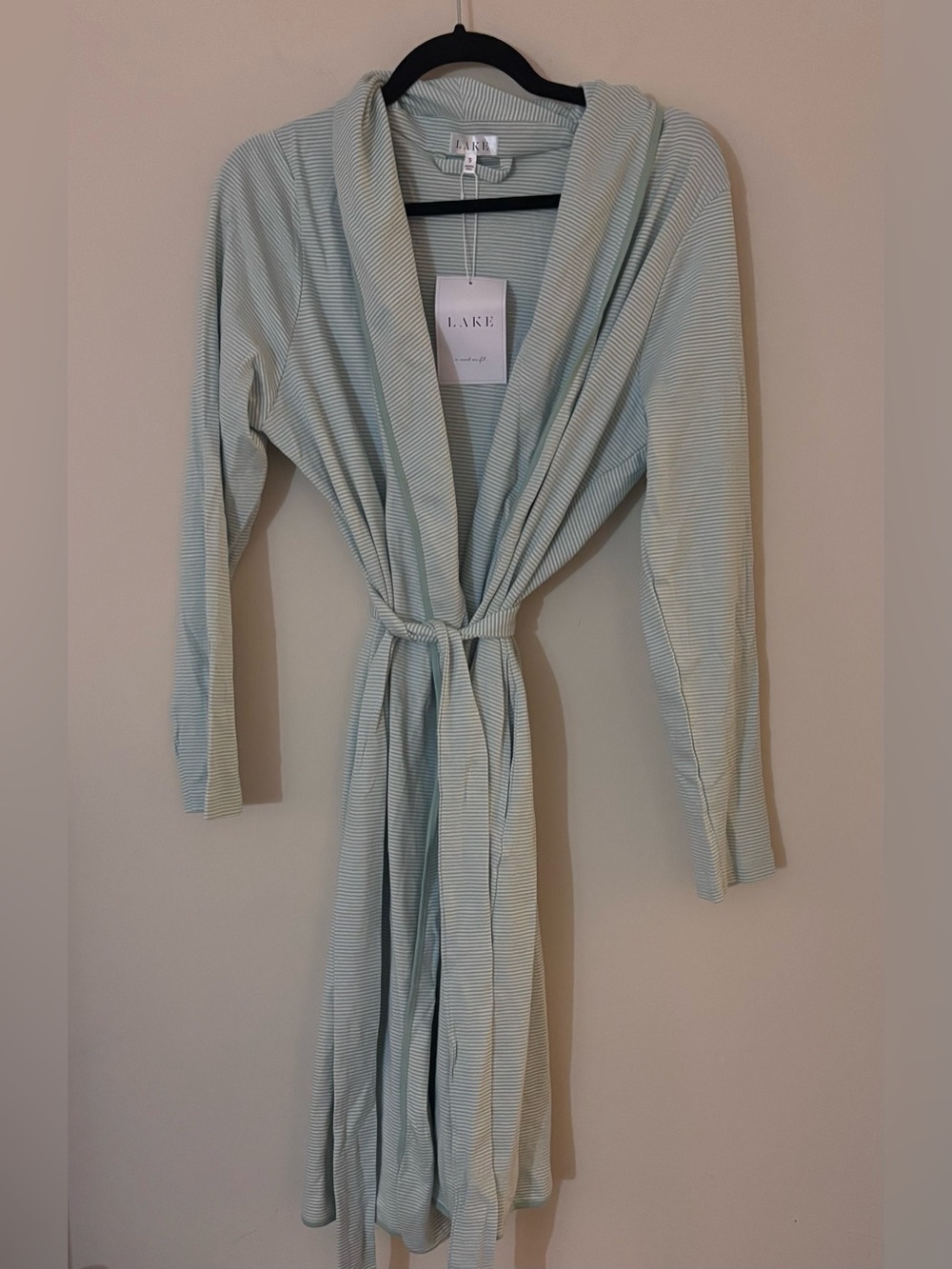 NWT LAKE Pima Cotton Robe women’s Small Parisian Green White Striped Cozy
